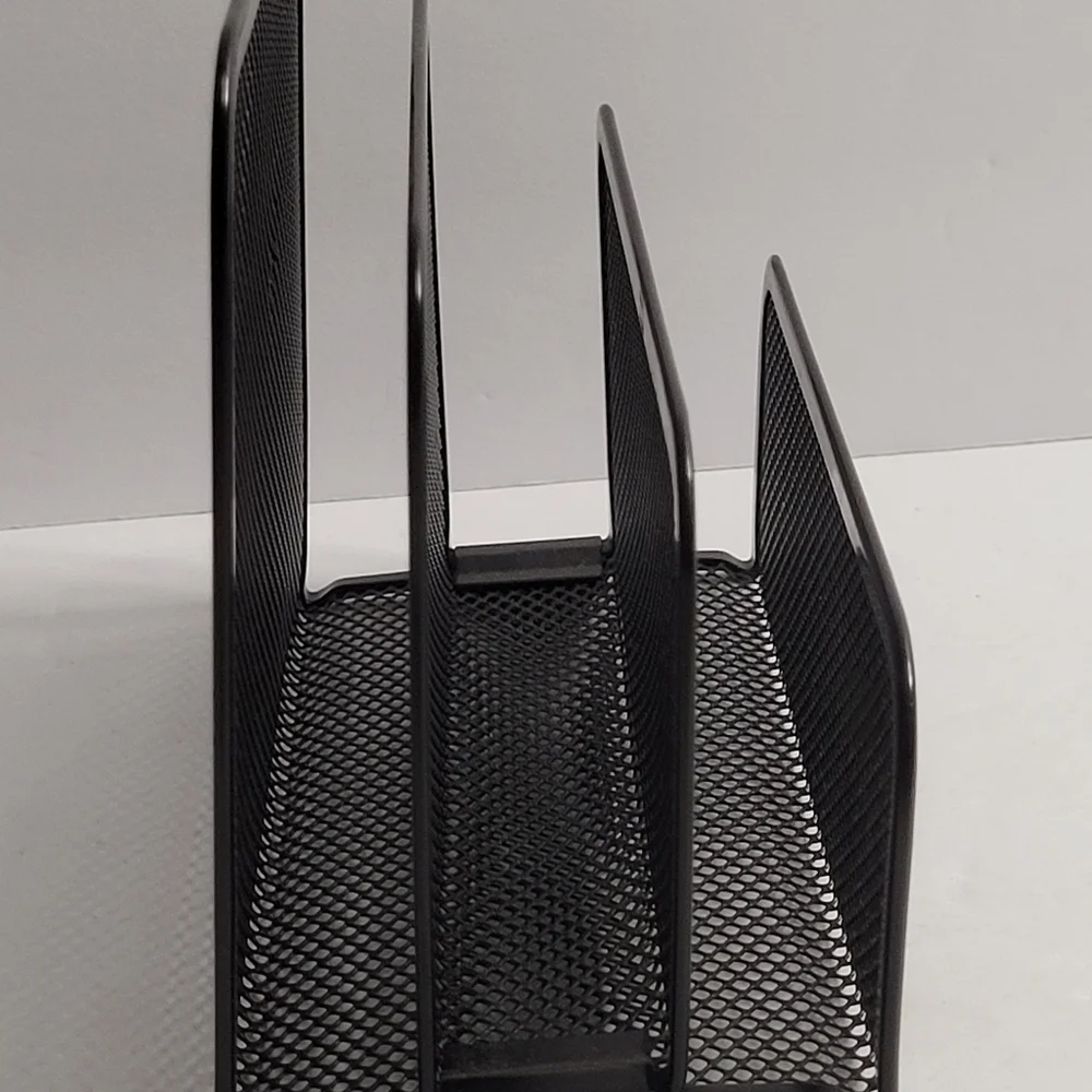 Black, three-tiered metal mesh file holder. 318